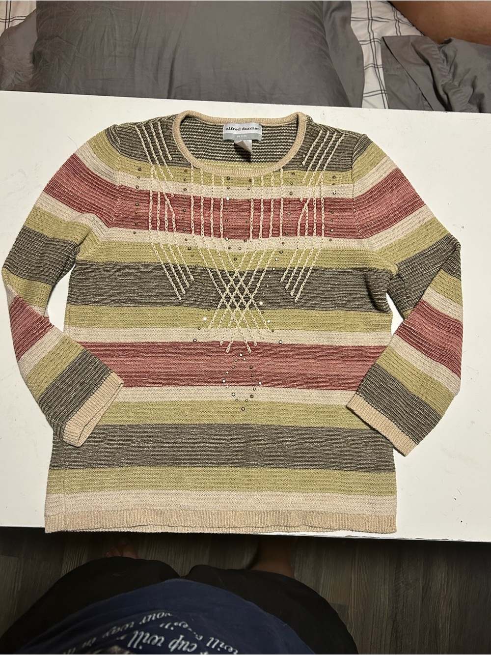 Alfred Dunner Striped Beaded Crewneck Sweater - Pink, Olive, Cream, Gray